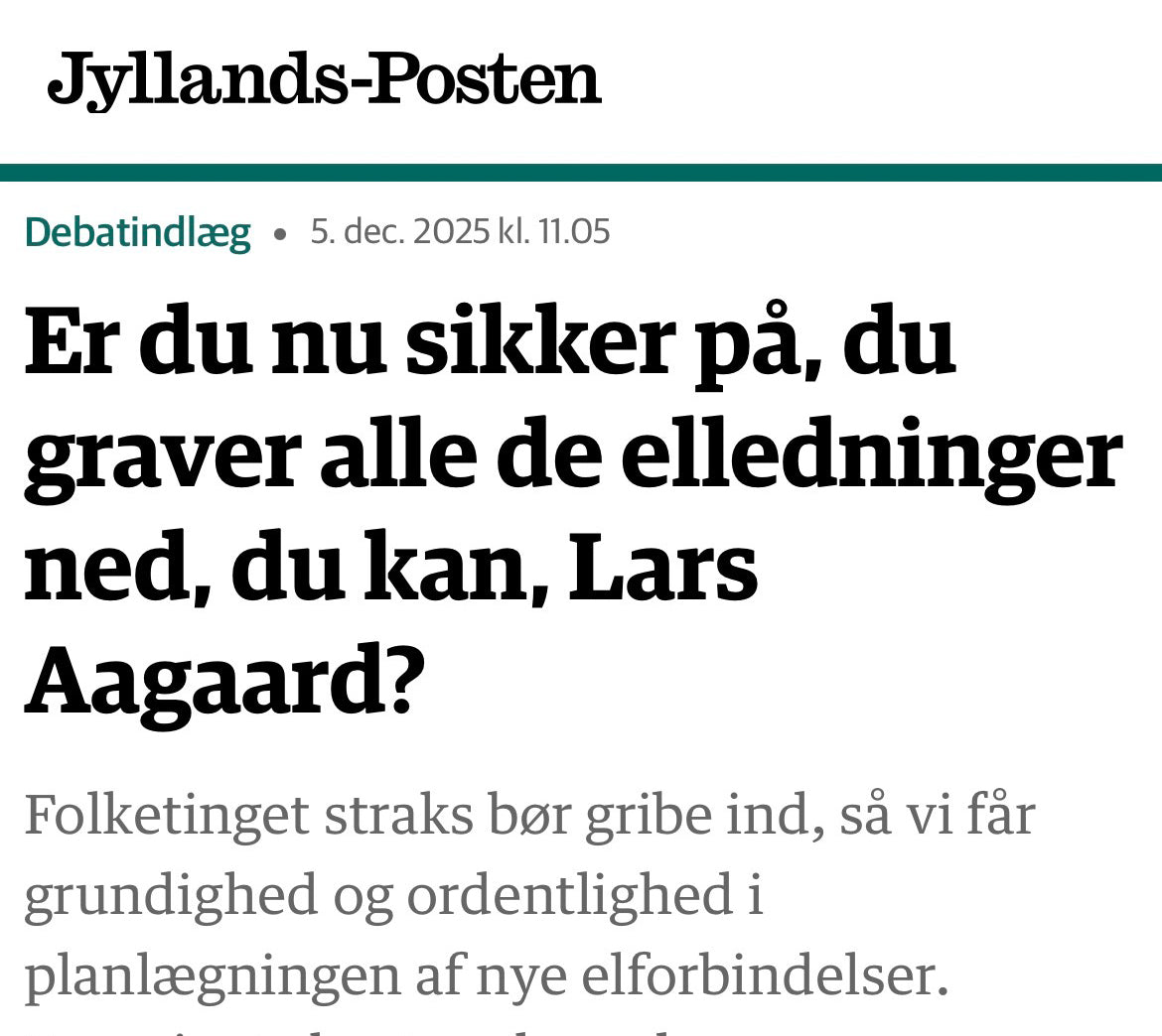Læs seneste debatindlæg: Er du nu sikker på du graver alle de elledninger ned, du kan, Lars Aagaard?